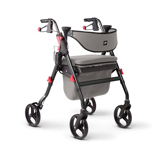 Medline Premium Empower Rollator Walker with Memory Foam Seat, Gray & Black, 300 lb. Weight Capacity, 8” Wheels, Microban* Technology, Cupholder, Rolling Walker for Mobility Impairment