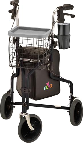 NOVA Traveler 3 Wheel Rollator Walker, All Terrain 8” Wheels, Includes Bag, Basket and Tray, Black