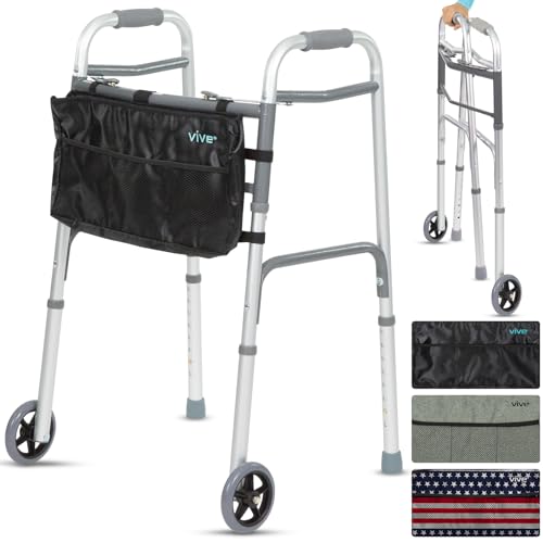 Vive Mobility Folding Walker for Seniors (with Wheels & Bag) - Rolling Rollator - Narrow, Foldable, Lightweight - Medical Front Wheeled Support - for Adults, Handicap, Elderly (with Black Bag)