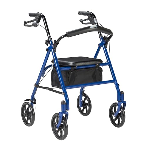 Drive Medical 10257BL-1 4 Wheel Rollator Walker With Seat, Steel Rolling Walker, Height Adjustable, 7.5' Wheels, Removable Back Support, 300 Pound Weight Capacity, Blue