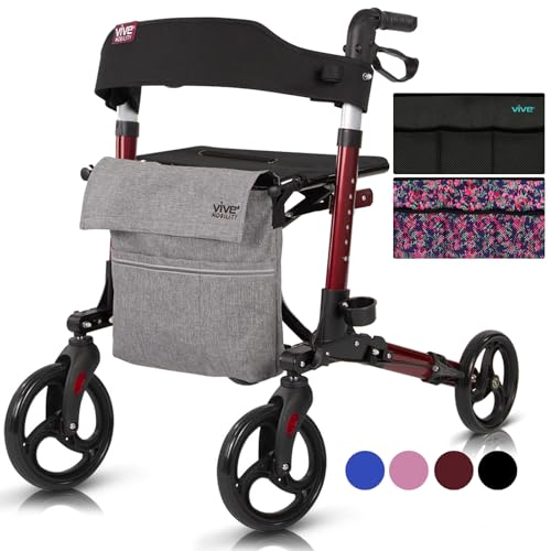 Vive Mobility Rollator Walker - Folding 4 Wheel Medical Rolling Walker with Seat & Bag - Mobility Aid for Adult, Senior, Elderly & Handicap - Aluminum Transport Chair (Red)