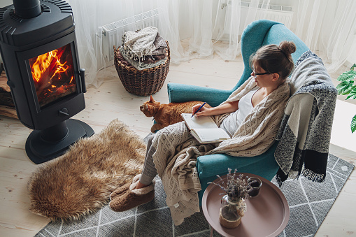 Young woman write in a notebook sitting in a cozy armchair by the fireplace with a domestic cat