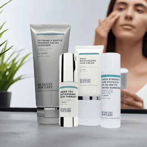 Complete Facial Skin Care Kit with cleanser, moisturizer, antioxidant, and sunscreen.