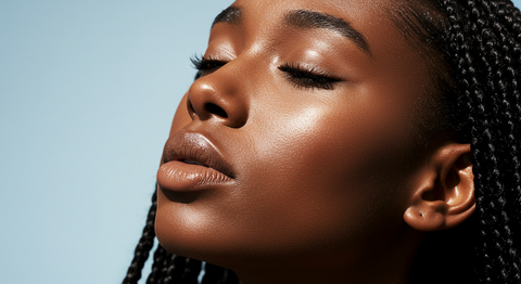 close up of a woman with glowing well hydrated melanin rich skin