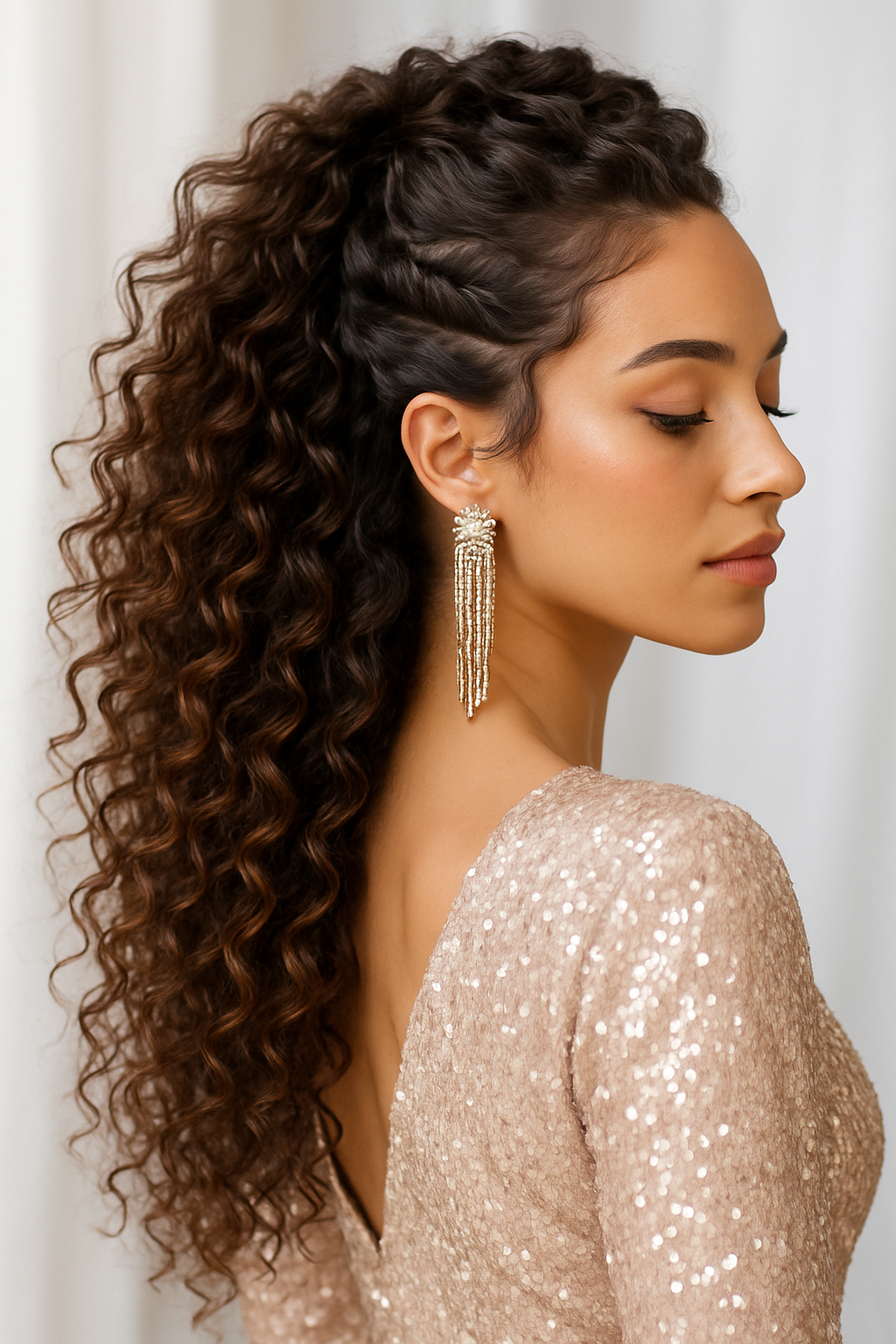 “Glamorous Curly Half-Up Ponytail with Side...